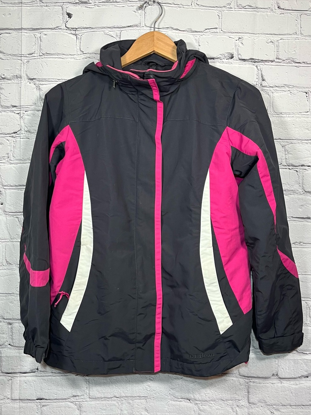 LL Bean Hooded Rain Jacket Youth Girls Size Medium 10/12 Lined Full Zip